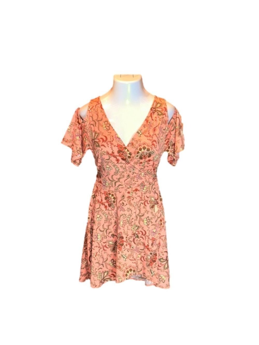 COPPER KEY Coral Floral Print Wrap Around Bare Shoulder Dress Size L